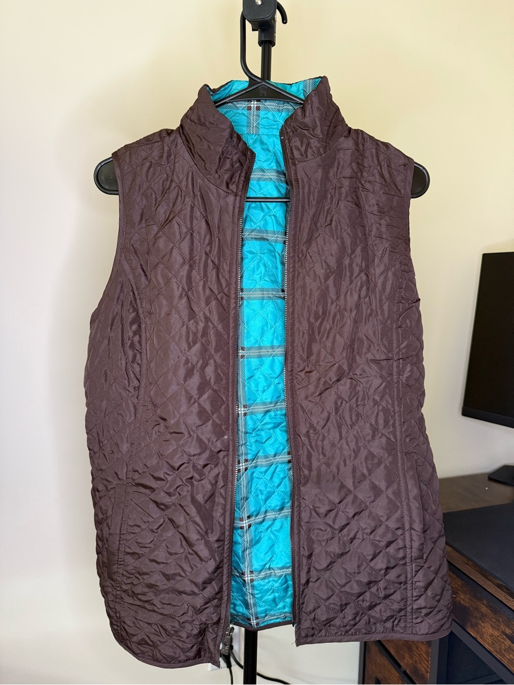 Belle by Kim Gravel Reversible Quilted Vest in Brown and Teal